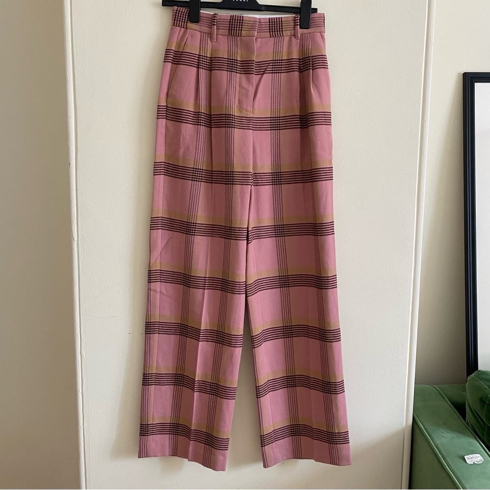 Aritzia Effortless Pant - High Waist Wide Leg - Pink Tartan 6